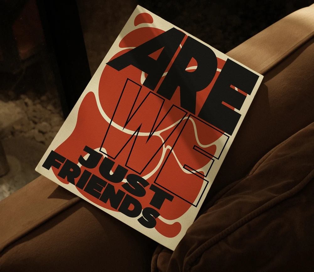Are We Just Friends poster mockup on wood surface