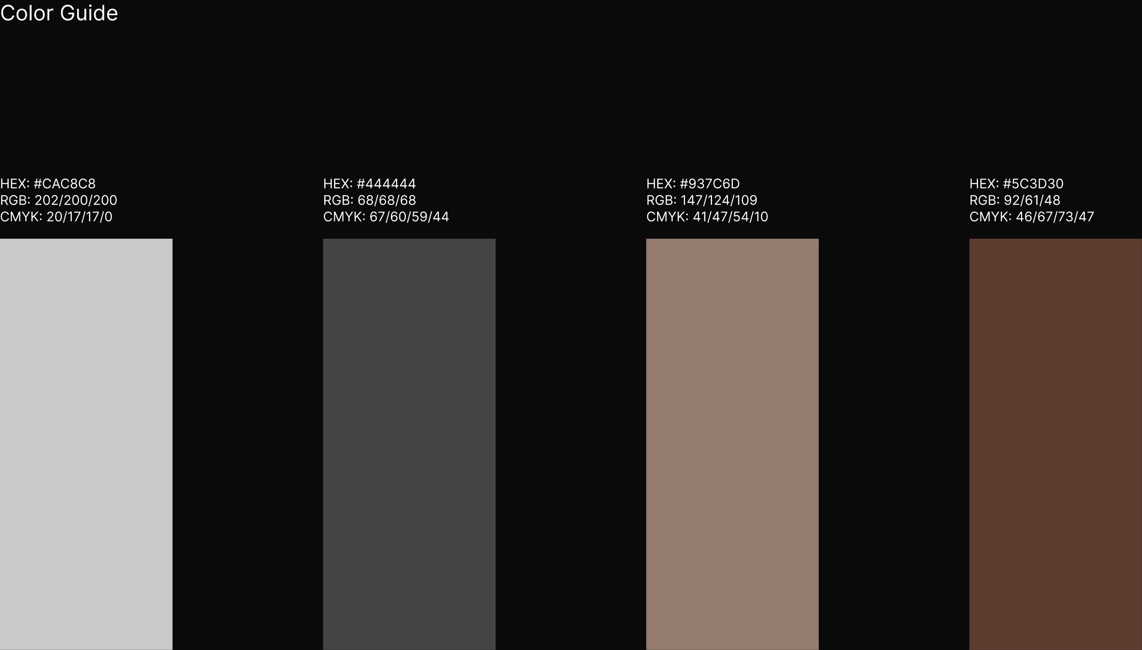 Chaac color guide — light grey, charcoal, taupe and umber with hex codes