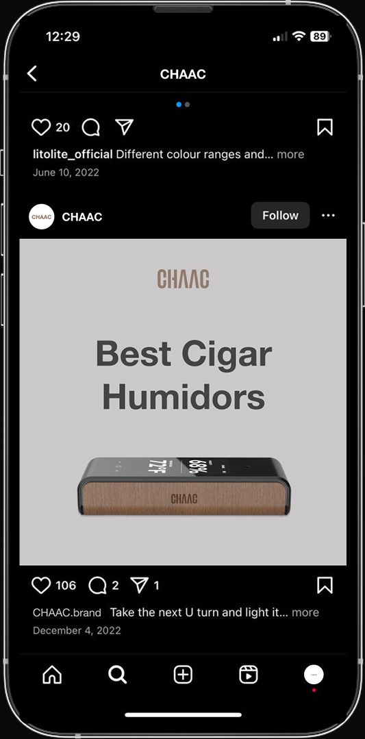 Chaac Instagram post mockup — 'Best Cigar Humidors'
