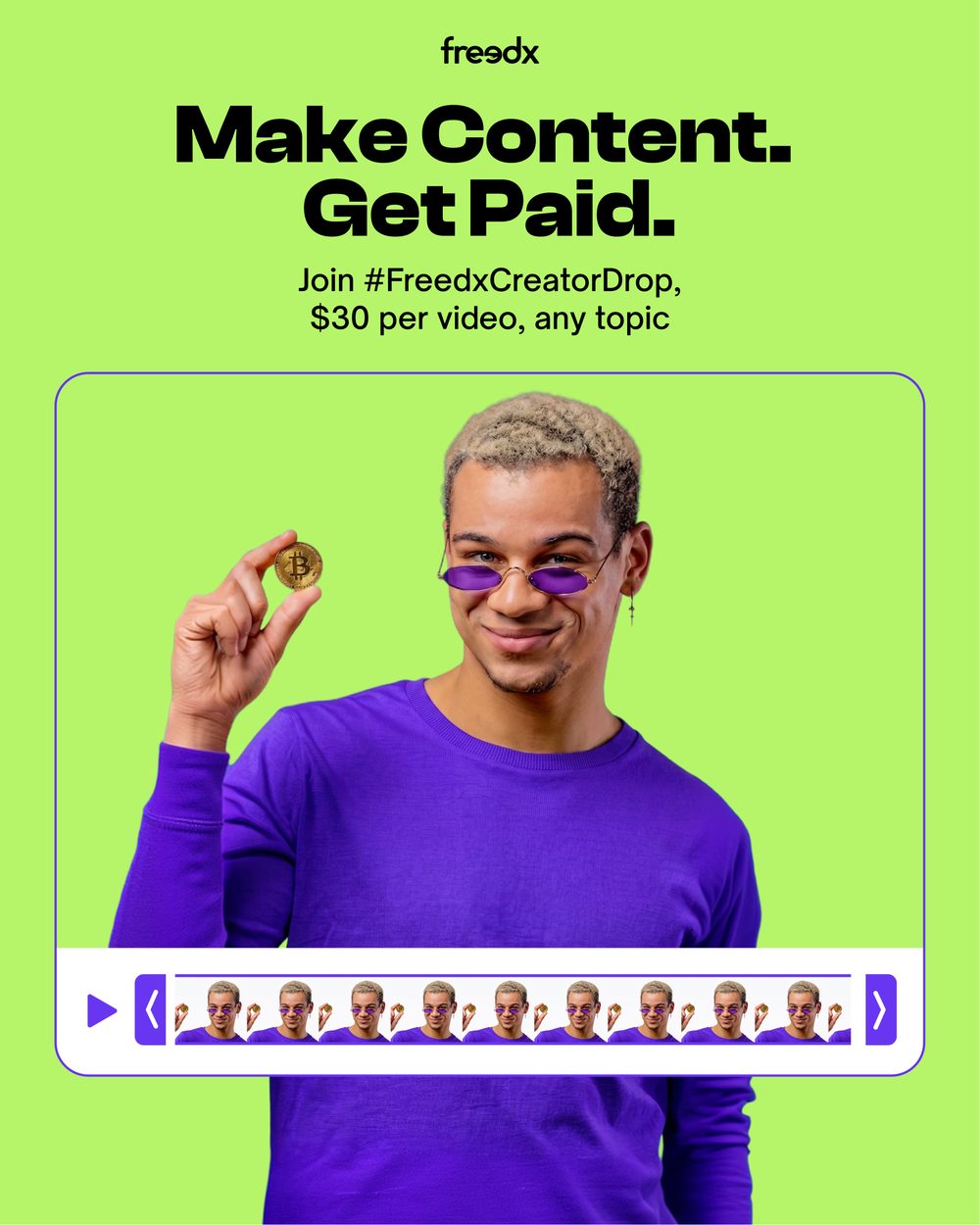 Freedx Creator Drop — Make content, get paid, green key visual