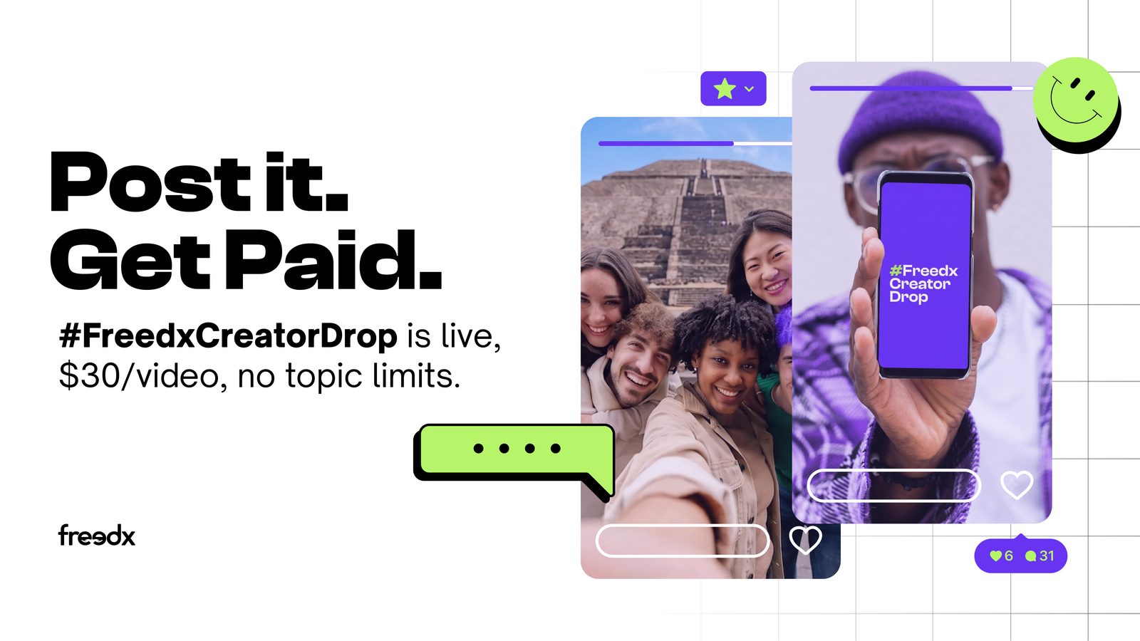 Freedx Creator Drop — Post it, get paid, wide format