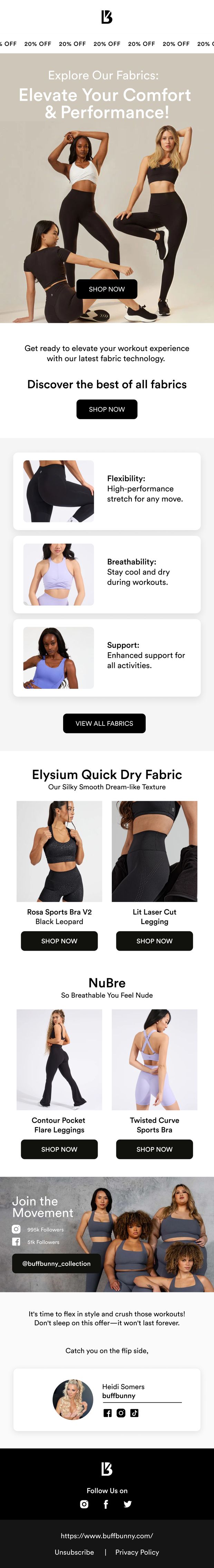 Buffbunny fabric technology education email with flexibility, breathability and support