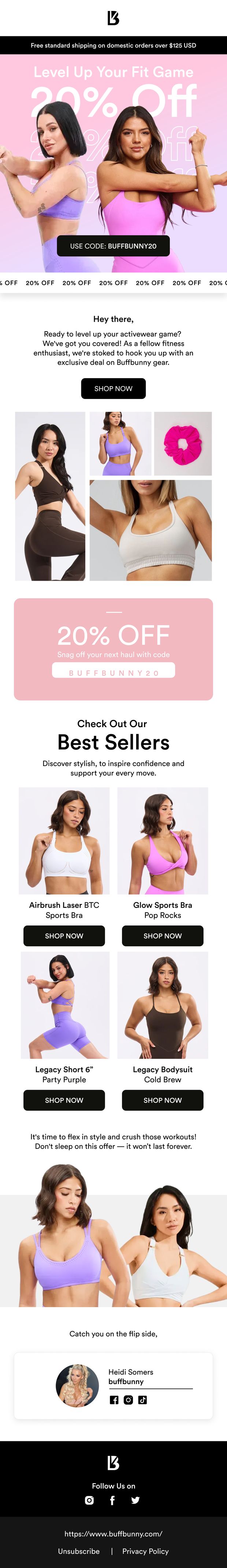 Buffbunny 20% off promotional email with best sellers grid