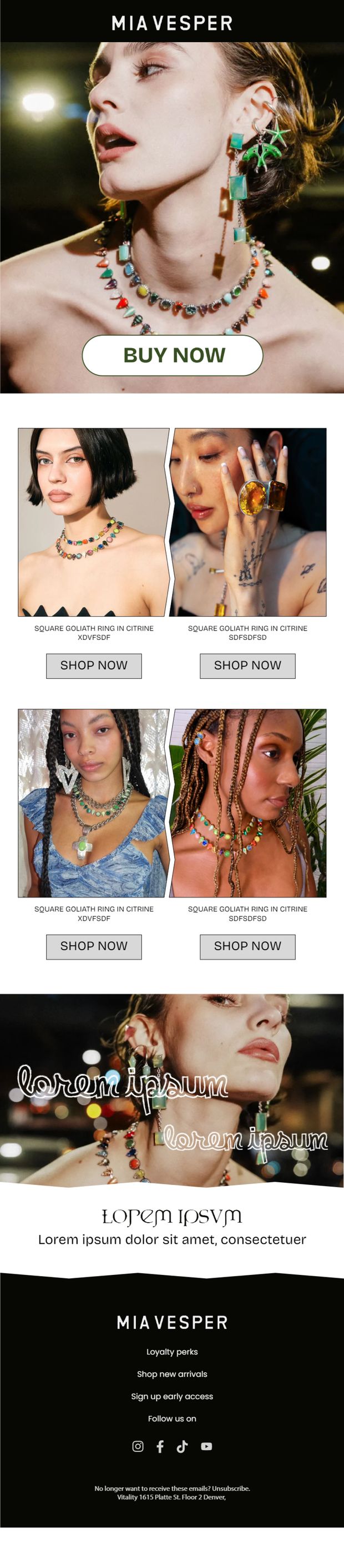 Mia Vesper jewellery email with product grid and shop now actions