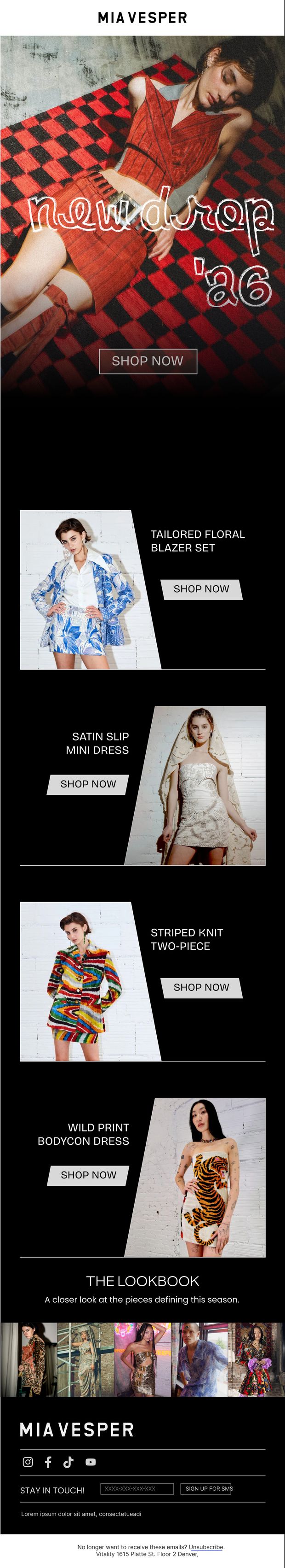 Mia Vesper new drop email on black with lookbook strip