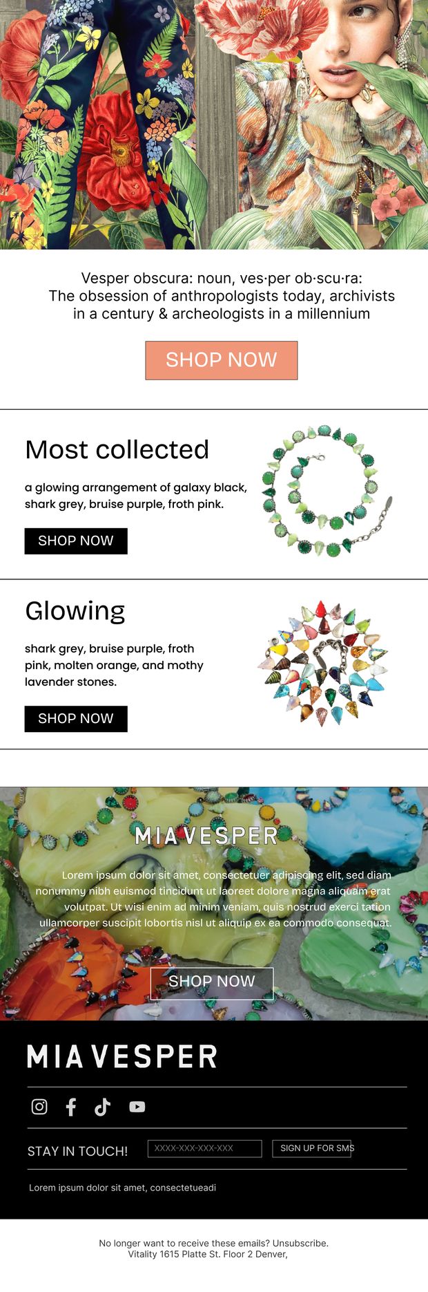 Mia Vesper Vesper Obscura email with botanical collage and Most Collected jewellery