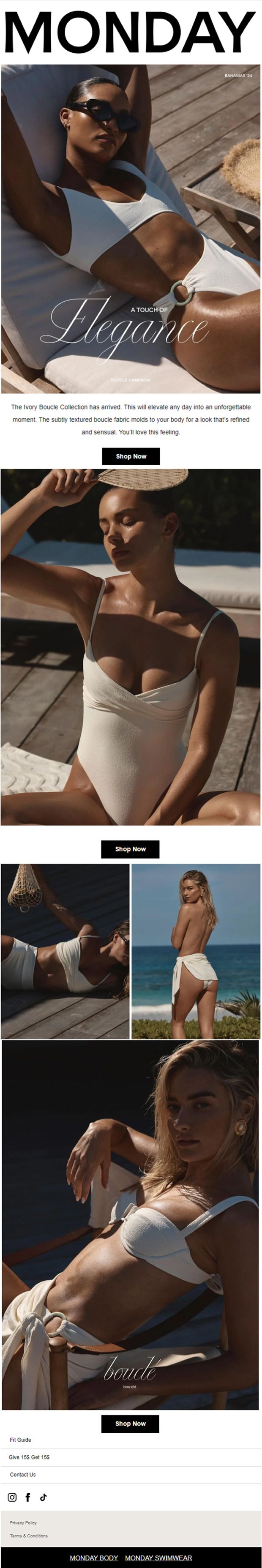 Monday Swimwear A Touch of Elegance boucle campaign email, Bahamas editorial