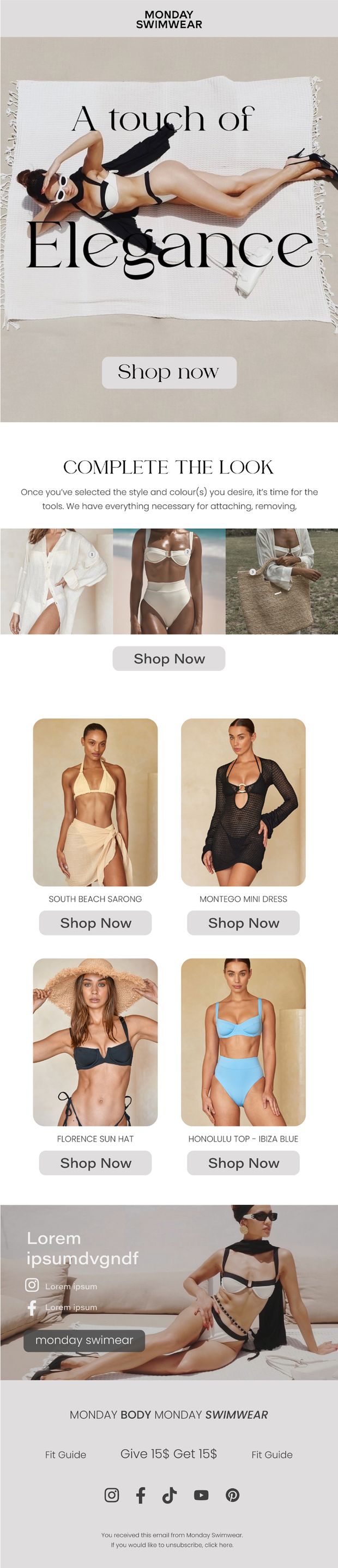 Monday Swimwear A Touch of Elegance email with Complete the Look product grid