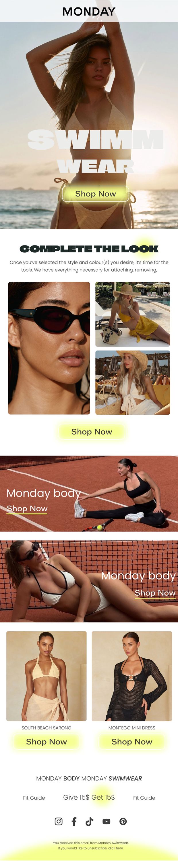 Monday Swimwear email with Complete the Look and Monday Body sections