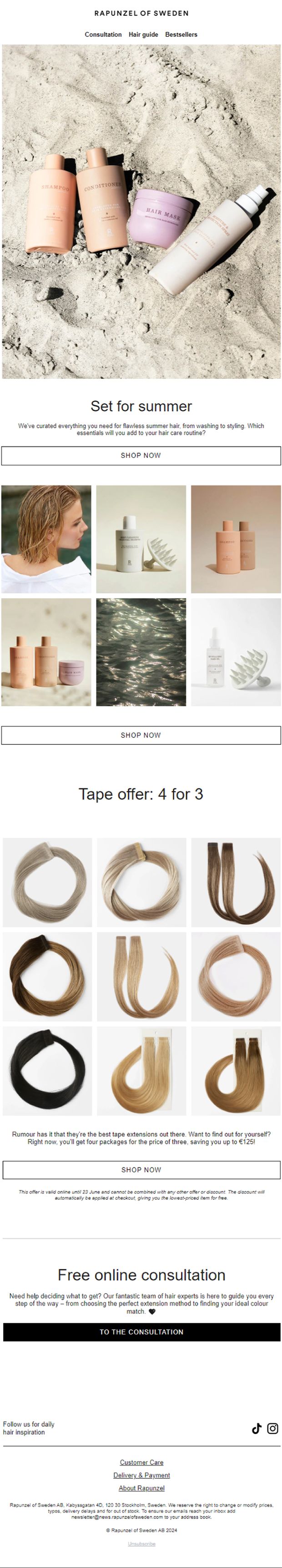 Rapunzel of Sweden Set for Summer email with haircare range and 4 for 3 tape offer