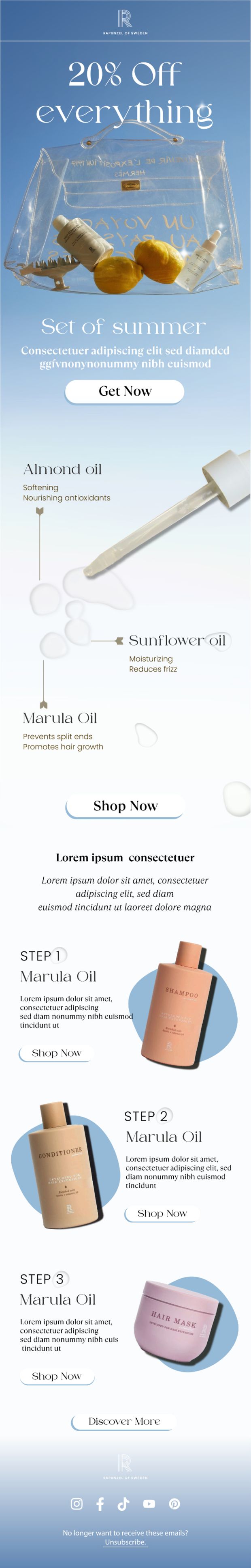 Rapunzel of Sweden 20% off Set of Summer email with oil ingredient callouts and three routine steps