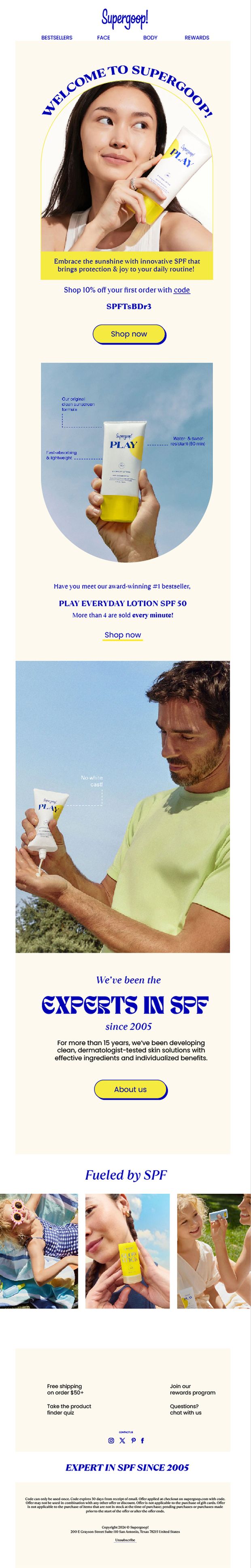 Welcome to Supergoop! email with 10% off code and PLAY SPF 50 bestseller