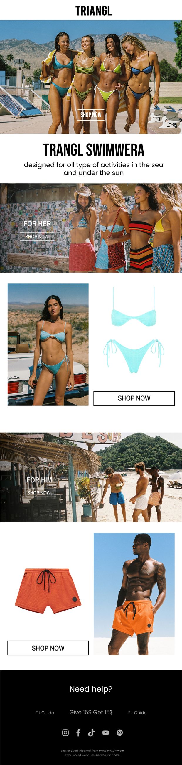 Triangl swimwear collection email split into For Her and For Him