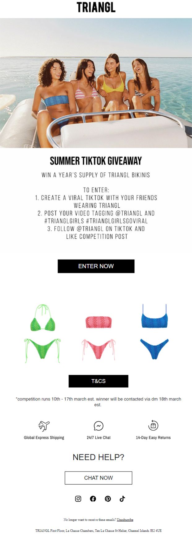 Triangl Summer TikTok giveaway, editorial layout with product line-up and terms