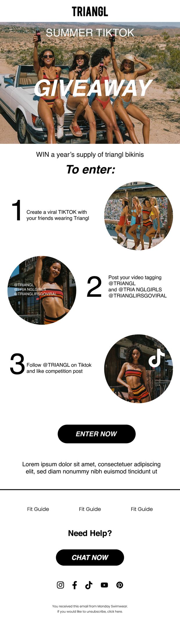 Triangl Summer TikTok giveaway email with three numbered entry steps