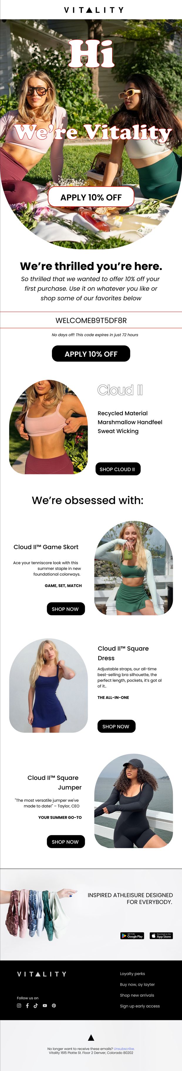 Vitality welcome email variant with rounded hero and Cloud II product line-up