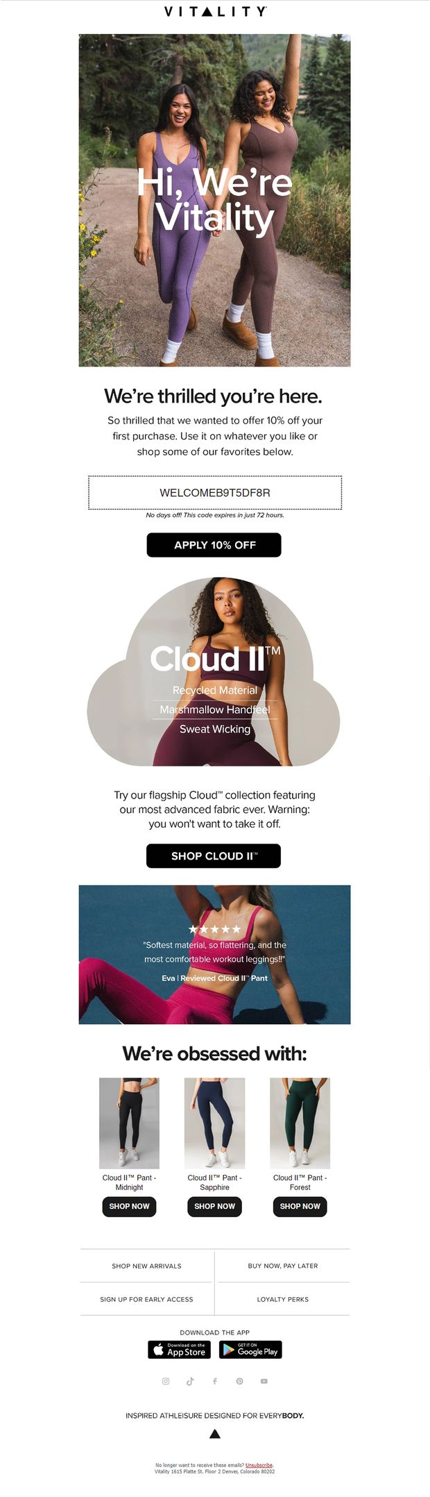 Vitality welcome email — 10% off code, Cloud II collection, review and best sellers