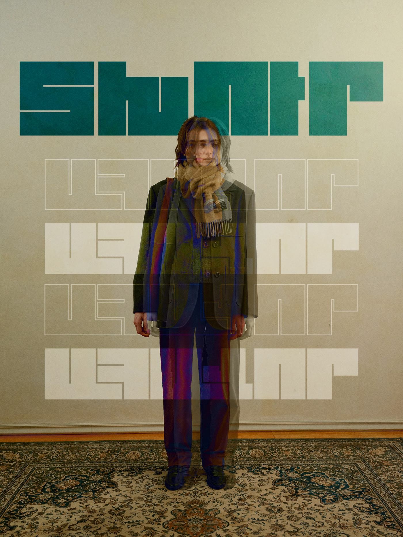 Experimental poster with bold green wordmark and fashion portrait