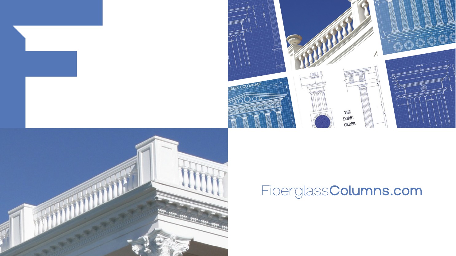 Fiberglass Columns architectural blueprint collage and balustrade photography with wordmark