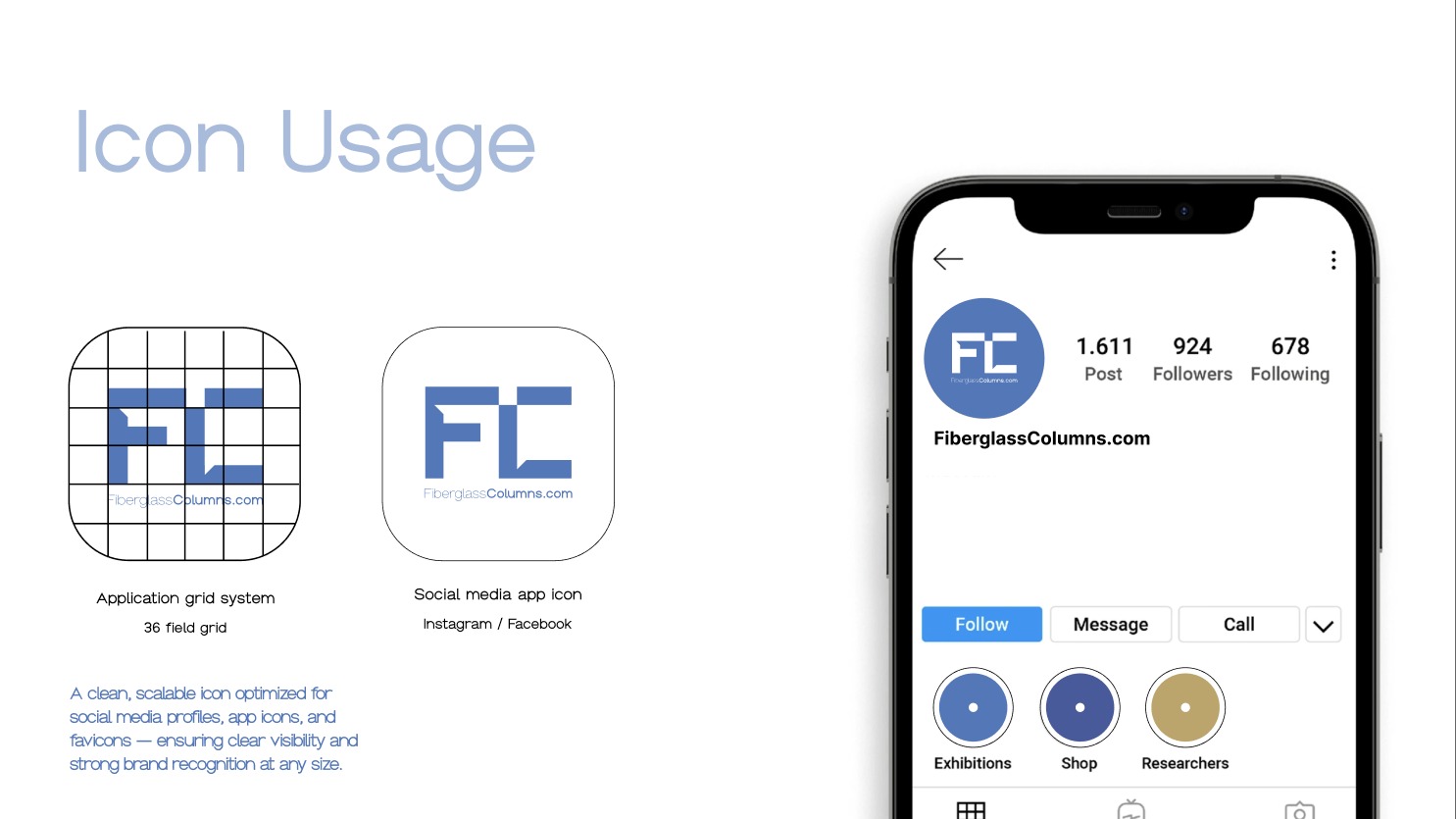 Fiberglass Columns app icon usage and Instagram profile mockup