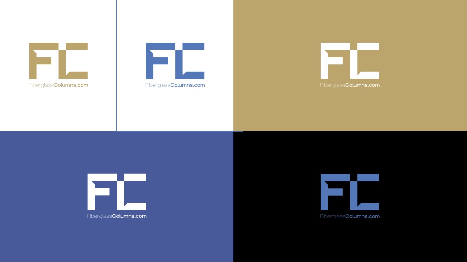 Fiberglass Columns logo lockup color variations on cream, blue, tawny and black backgrounds
