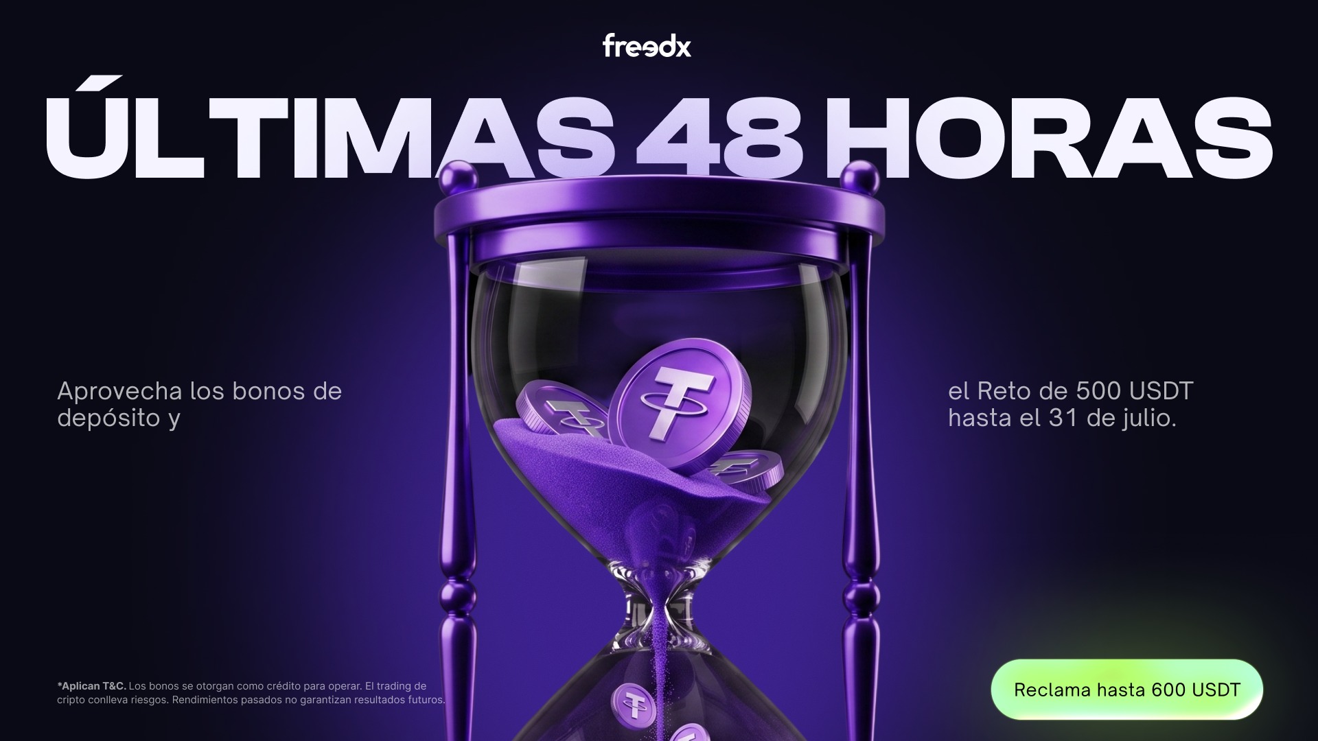 Freedx ÚLTIMAS 48 HORAS deposit bonus countdown creative, Spanish