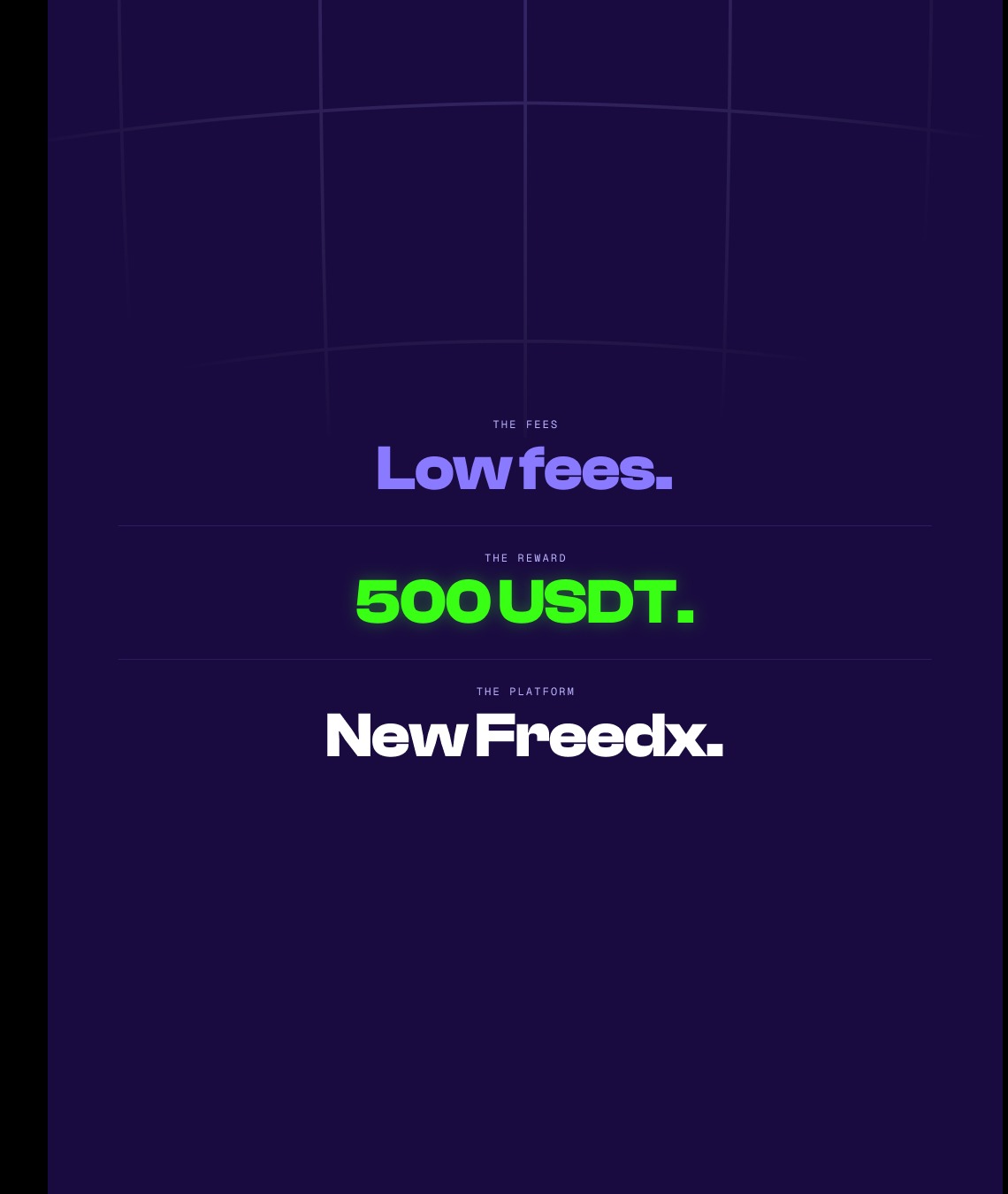 Freedx social post — Low fees, 500 USDT, New Freedx