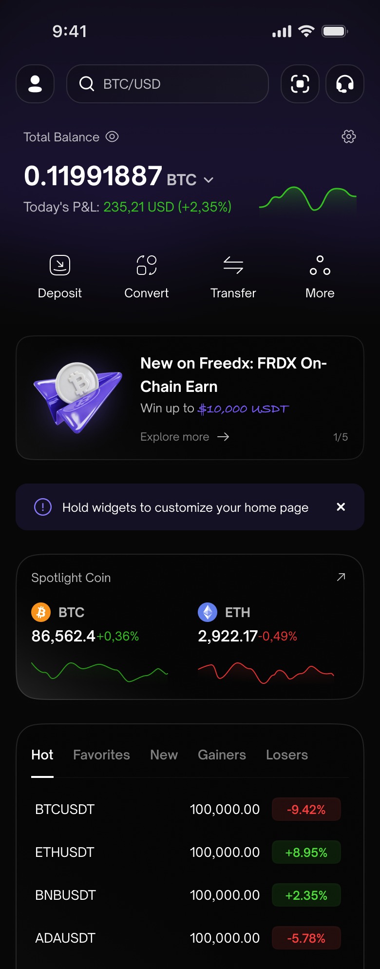 Freedx home screen with total balance and spotlight coins