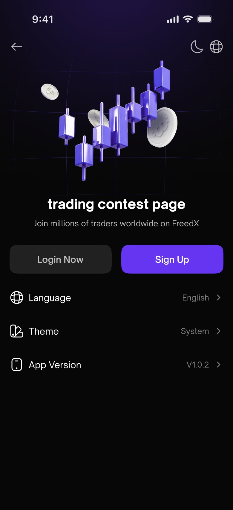 Freedx trading contest promo and account menu