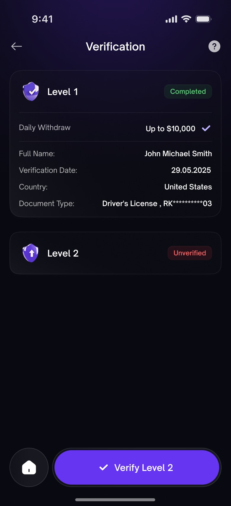 Freedx Level 1 verification completed, details view