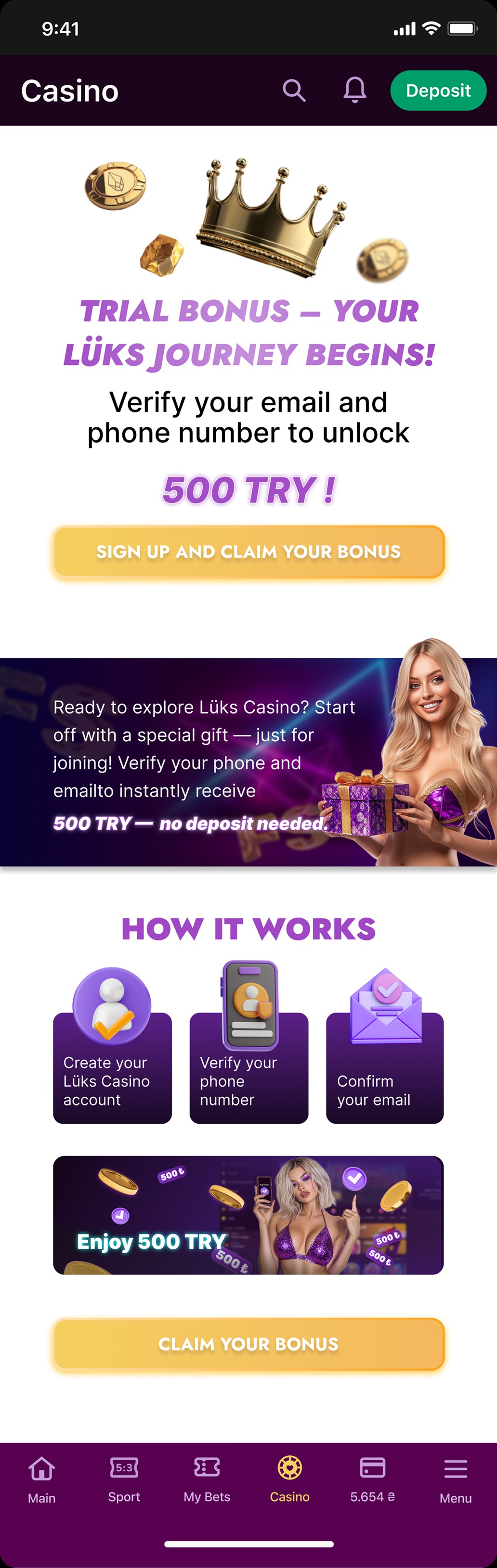 Luks Casino app — trial bonus onboarding, 500 TRY sign-up flow