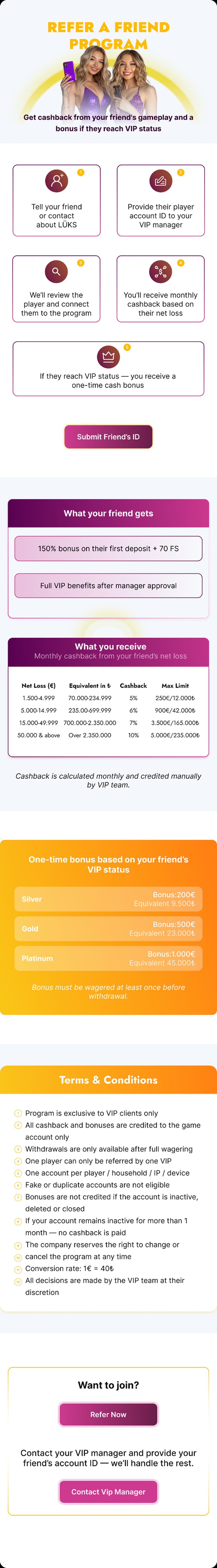 Luks Casino refer-a-friend and loyalty program page