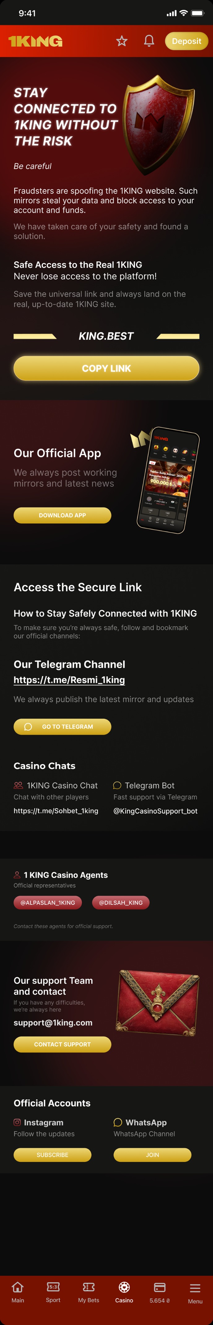1King Casino app — security notice, official app and secure access links