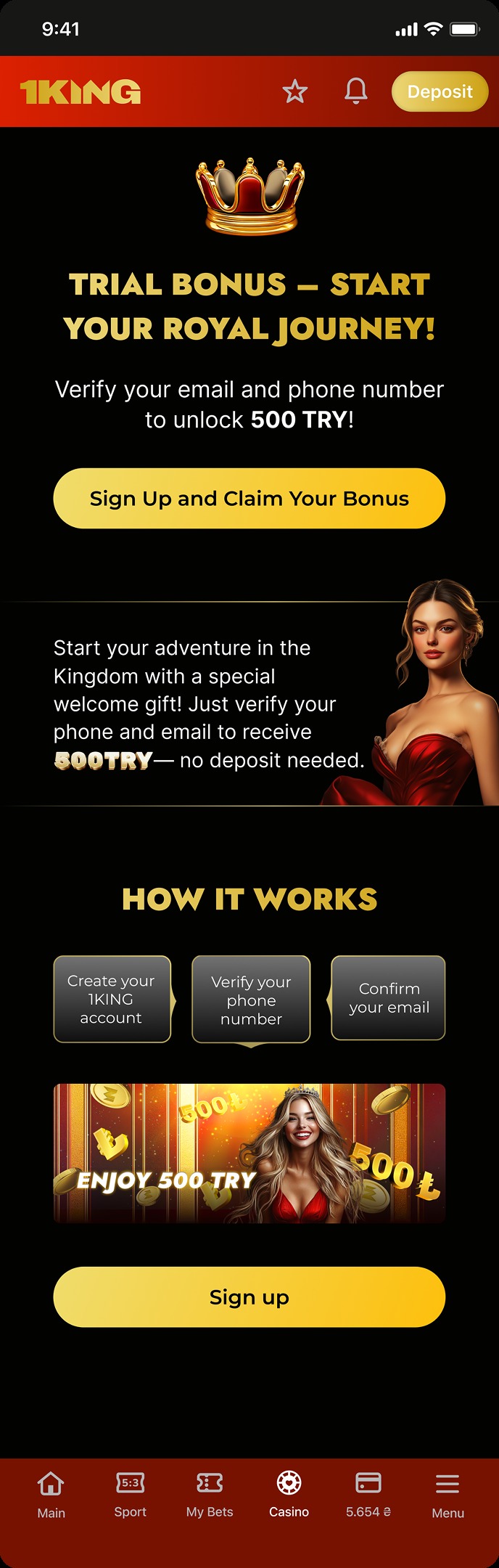 1King Casino trial bonus onboarding, 500 TRY sign-up flow