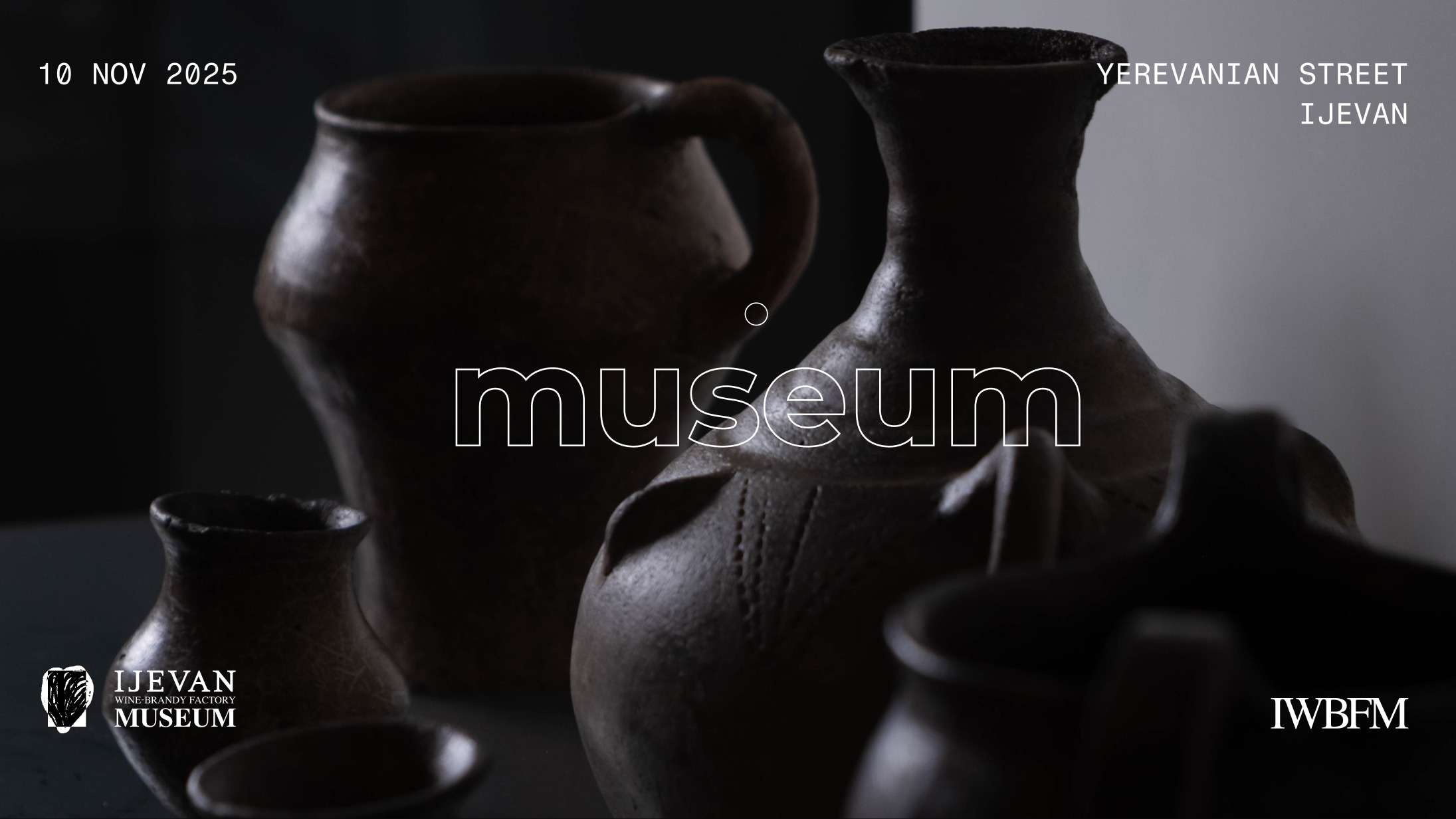 Ijevan Wine and Brandy Museum hero — dark ceramic vessels with logo and event details