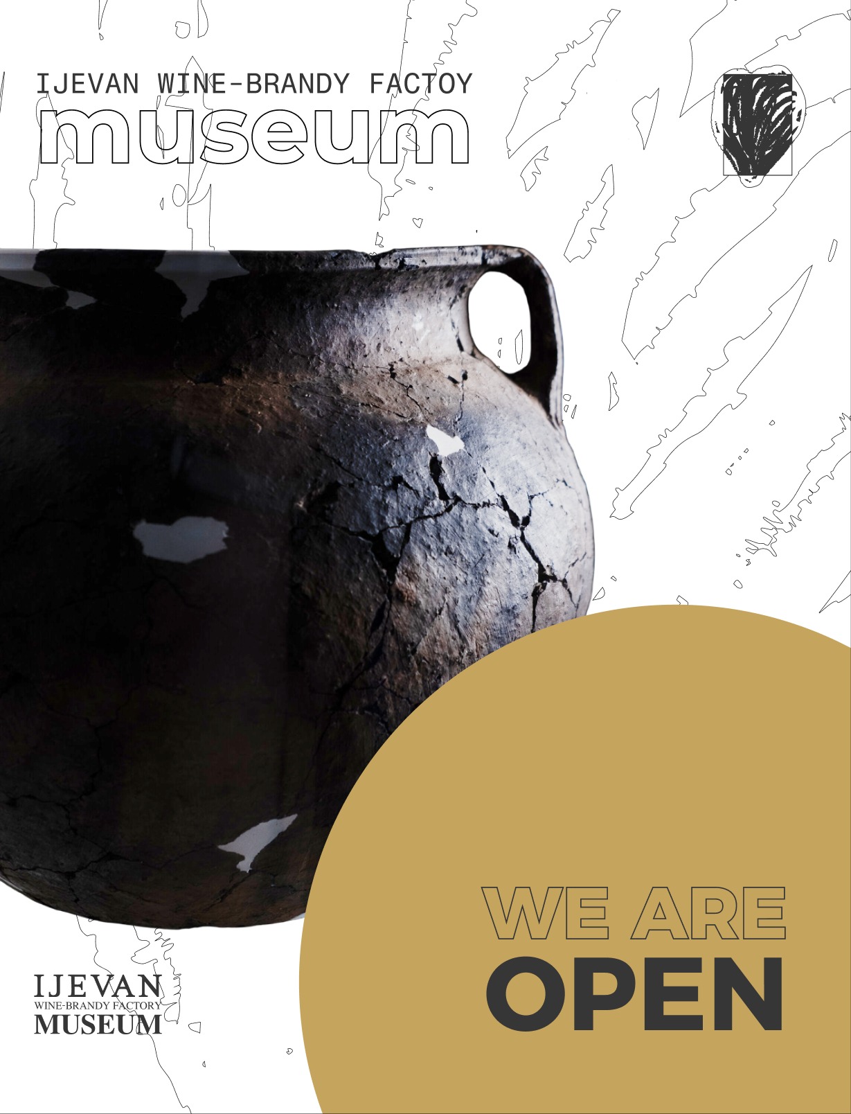 Ijevan Museum 'We Are Open' poster with cracked pottery texture