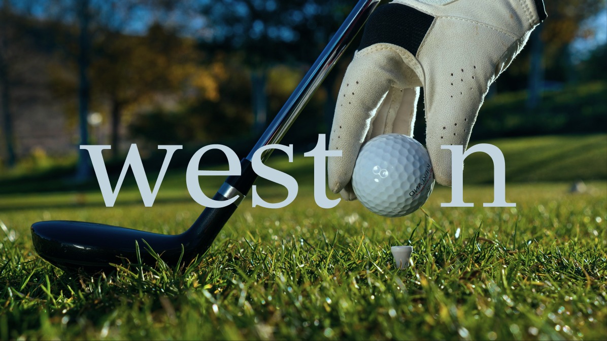 Weston wordmark over a golf club and ball on the tee