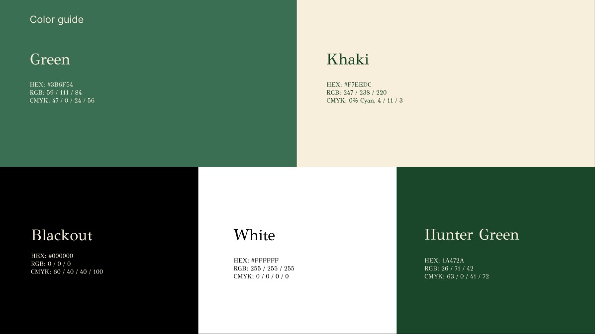 Weston color guide — Green, Khaki, Blackout, White, Hunter Green with hex codes