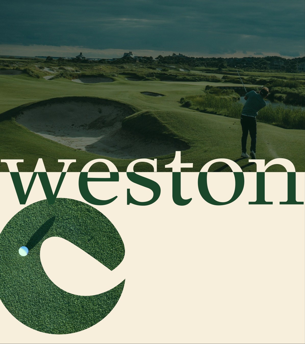 Weston wordmark and logomark over a golf course at dusk