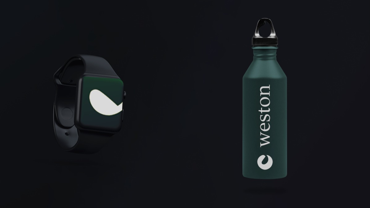 Weston logo on a smartwatch face and water bottle mockup